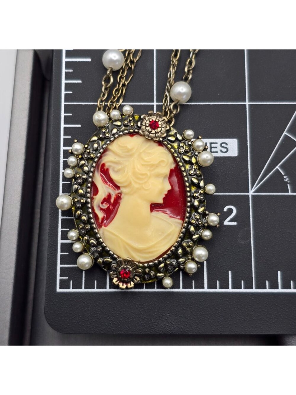 Victorian Revival Faux Cameo Necklace 26" Multi Strand Station Chain by Jennis B - Picture 10 of 12